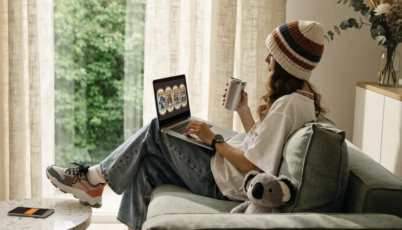 Person playing 3D slots on laptop in cozy room