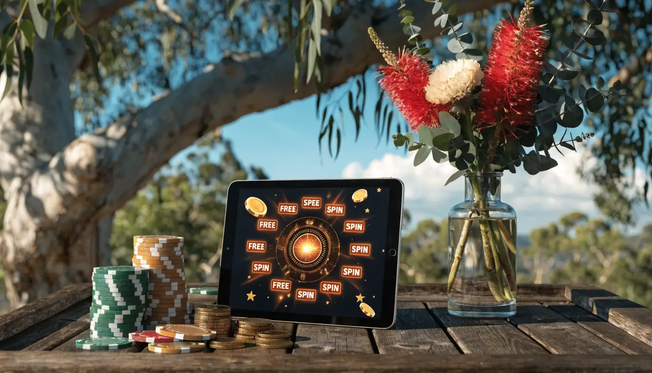 Table with chips, coins, and tablet showing casino bonus