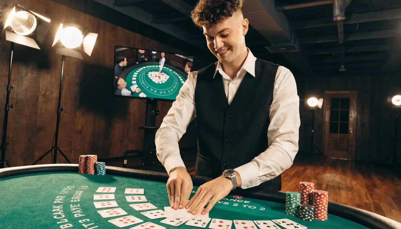 Live casino dealer shuffling cards in studio