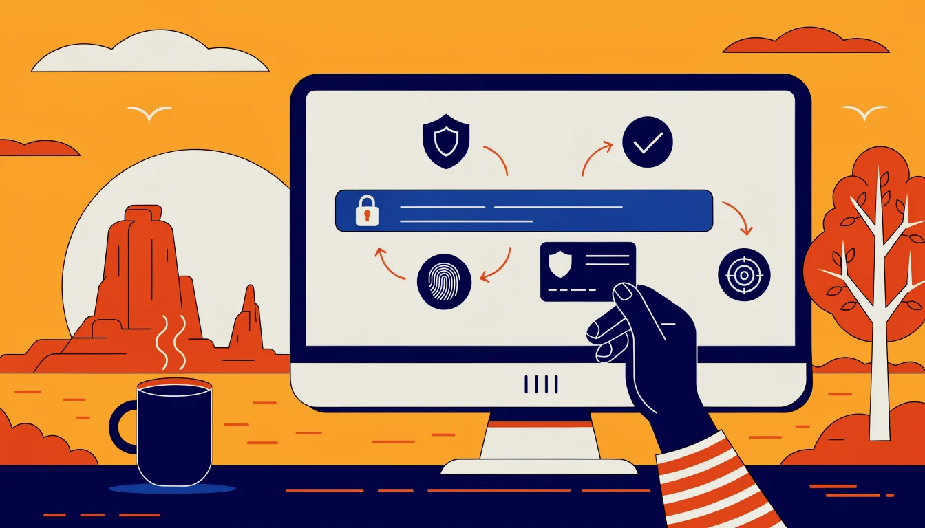 Computer screen with padlock icon and credit card shield against sunset