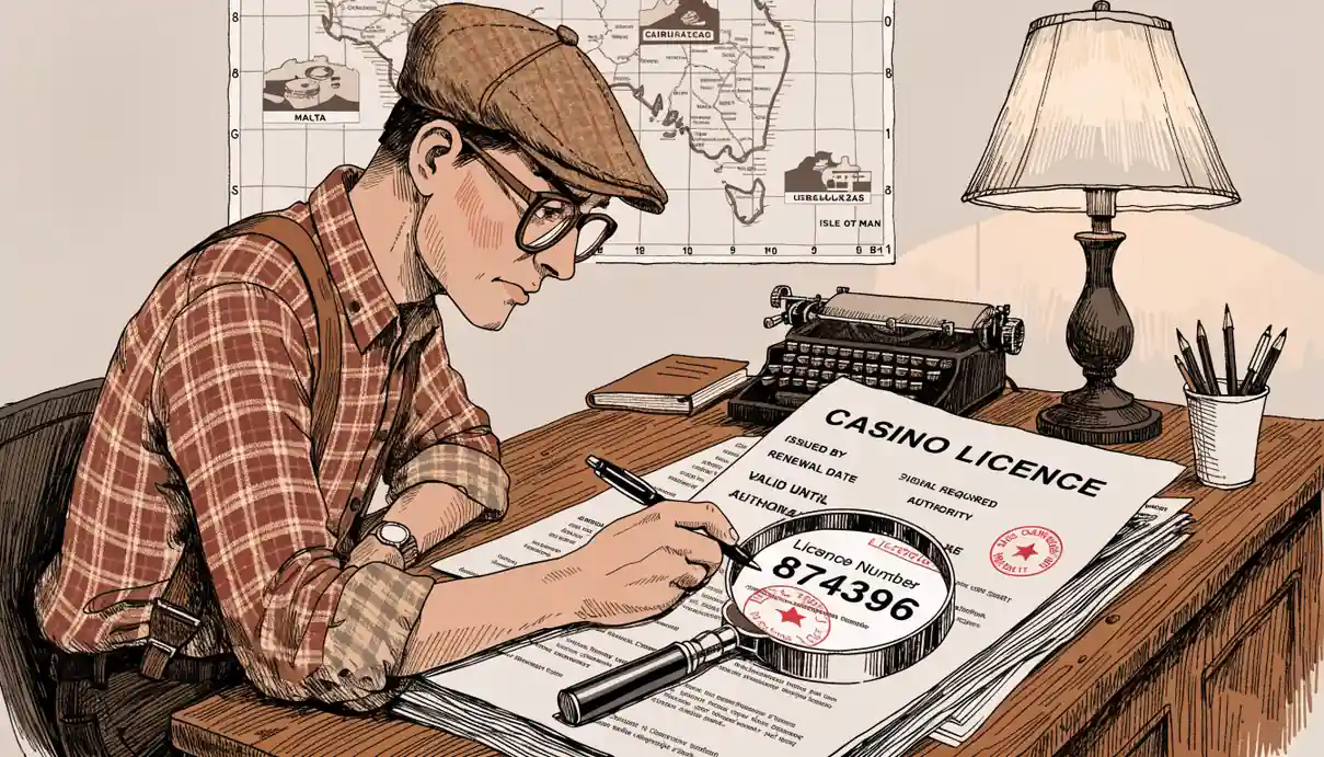 Person examining casino licence with magnifying glass near world map
