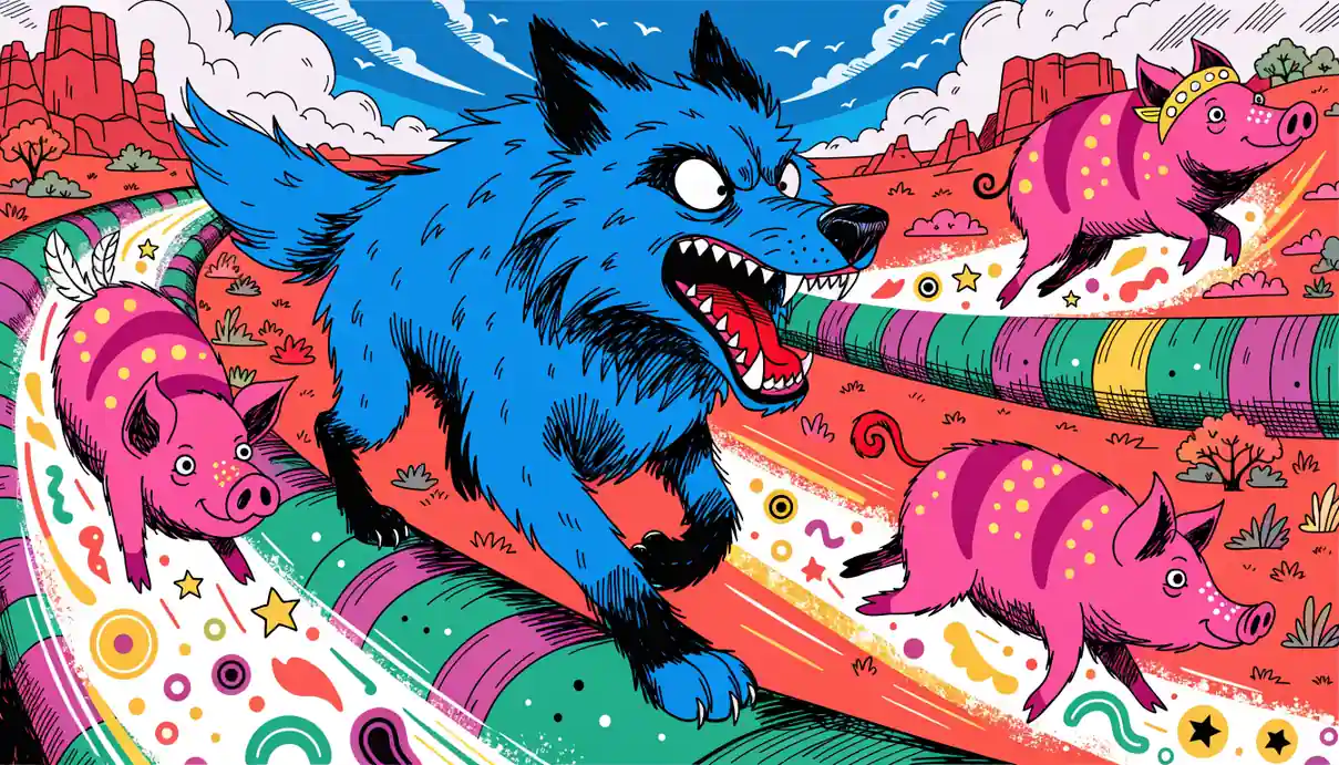 Cartoon pigs chased by wolf leaving wild symbol trail