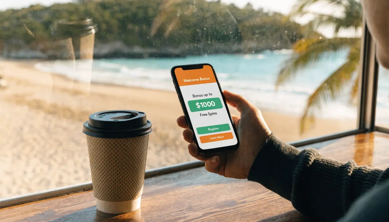 Hand with phone showing casino bonus near beach view