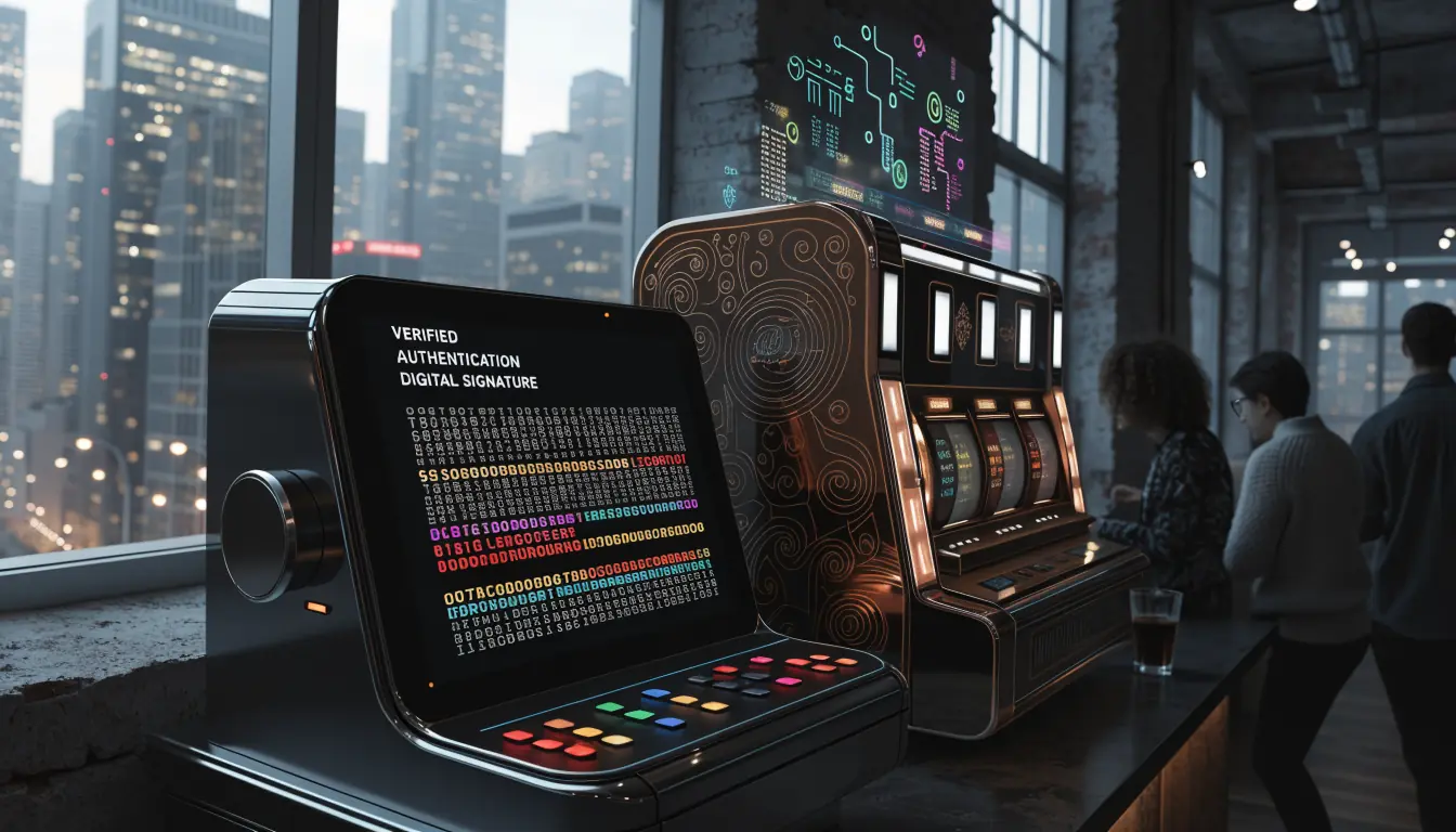 Futuristic gaming lounge with cryptographic code and slot machine