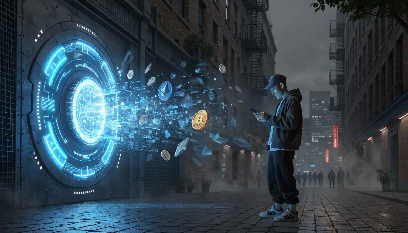 Futuristic vault releasing crypto to a player on smartphone