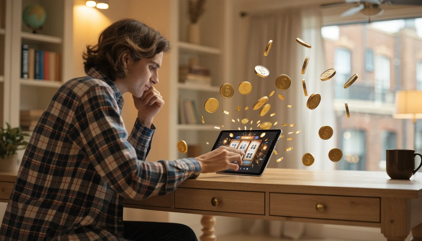 Person using tablet slot machine with coins appearing
