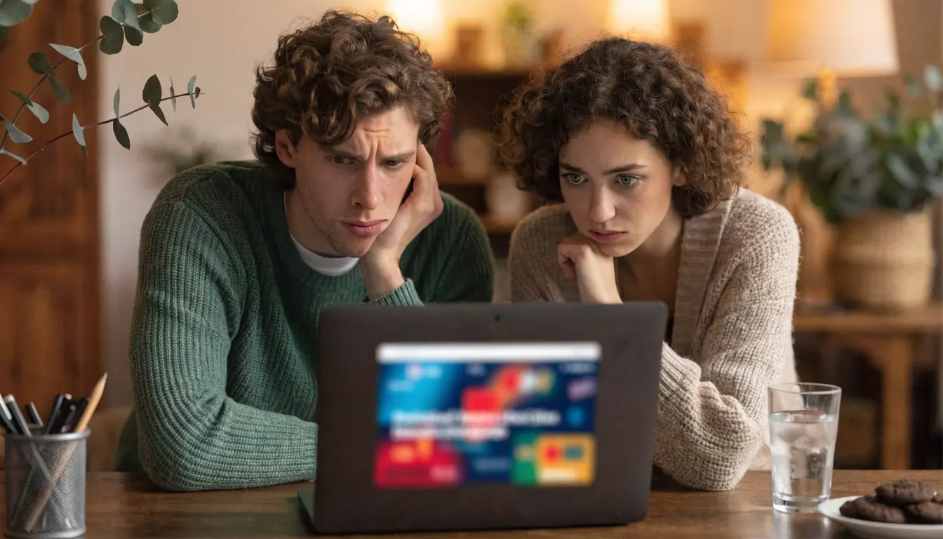 Couple reviewing a generic online casino bonus on a laptop