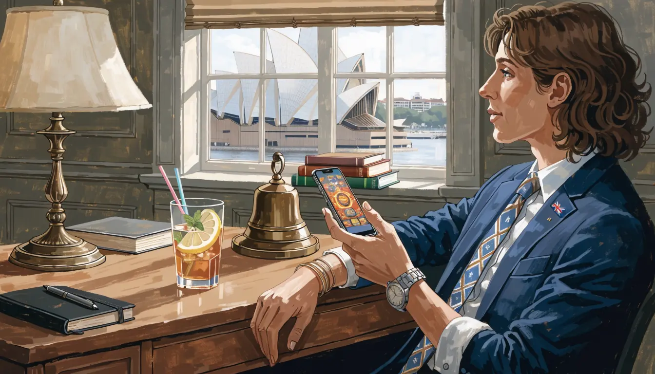 Adult in Australian office playing jackpot pokie on phone