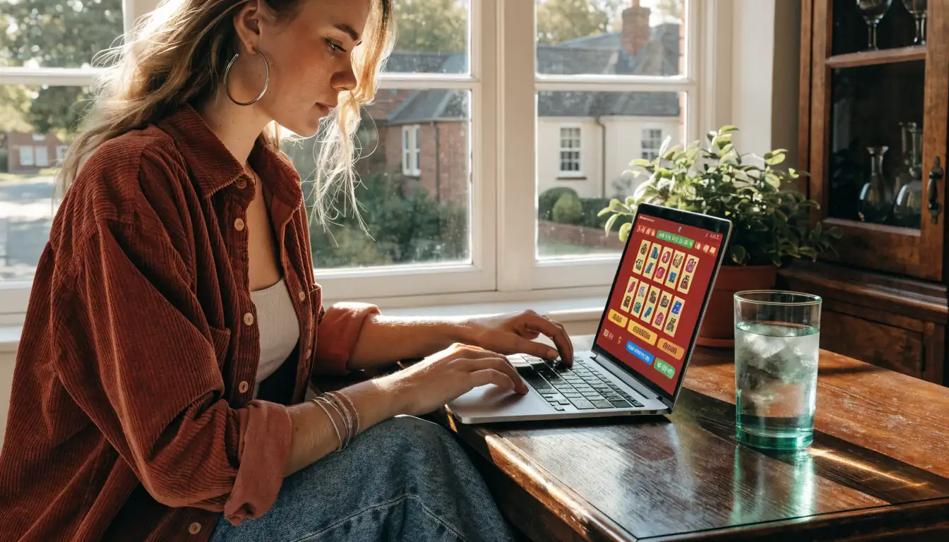 Woman testing a slot game demo on laptop