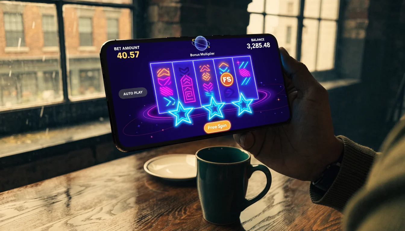 Game reels with glowing stars and bonus icons