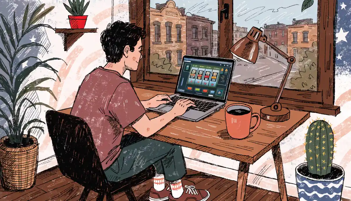 Home office with laptop showing online pokies
