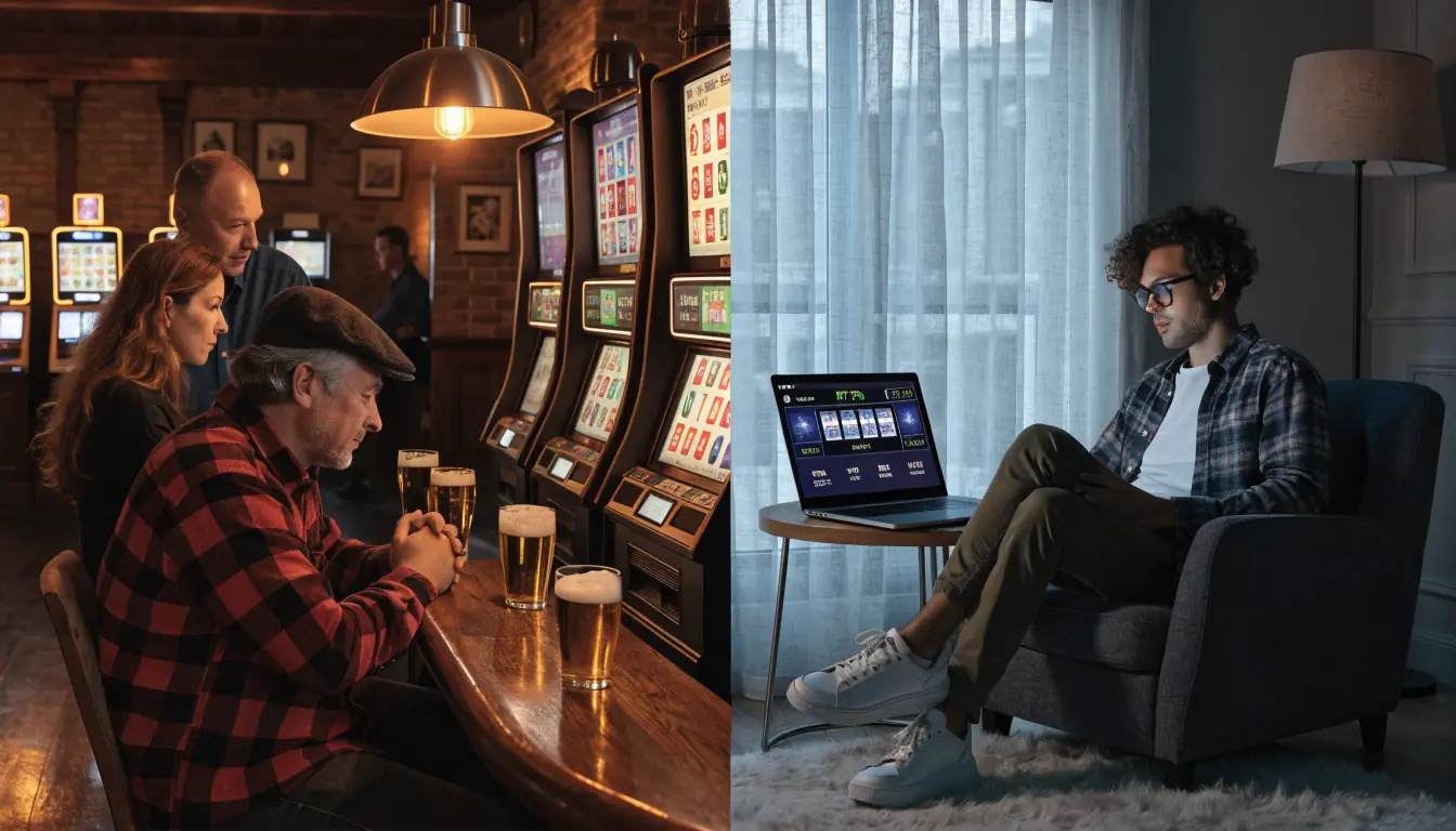 Pub pokies versus home online pokie on laptop