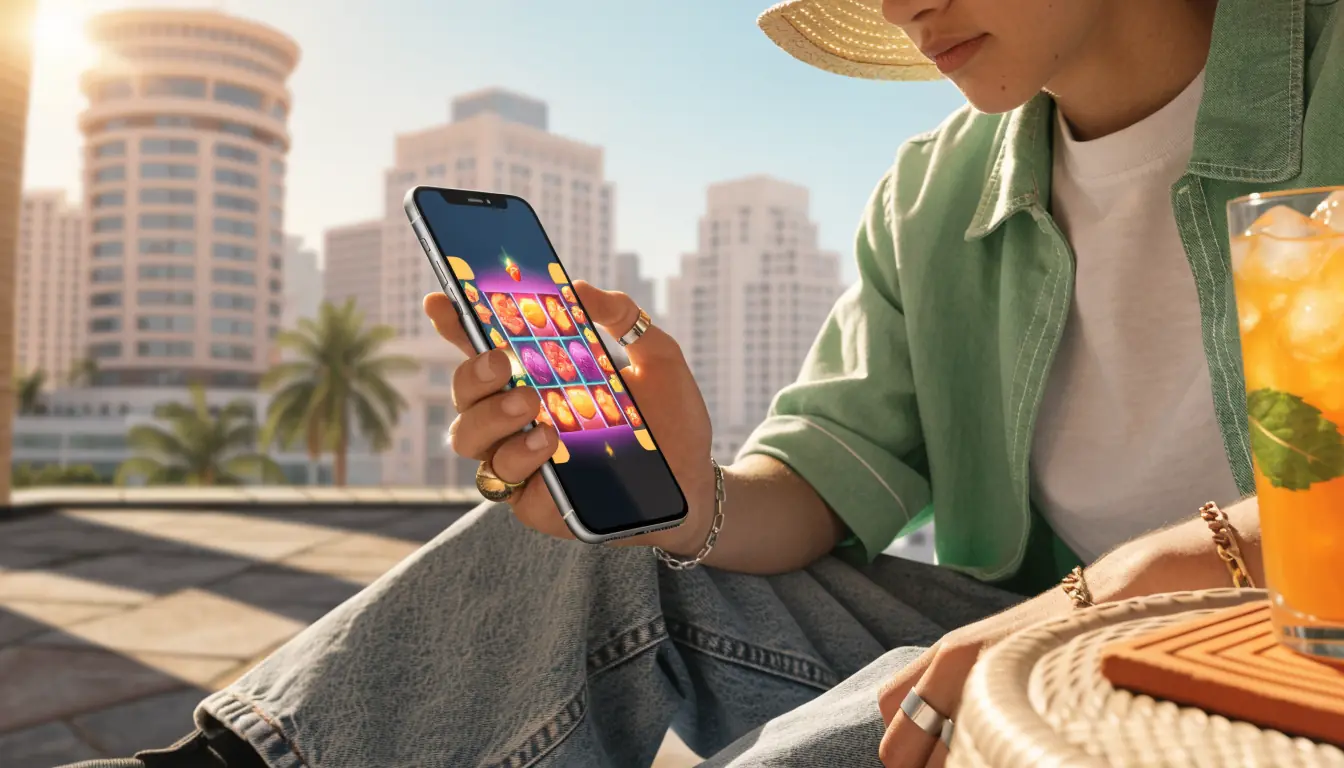 Person on patio playing colorful slot game on smartphone