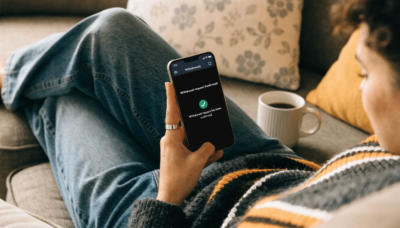 Person confirming casino withdrawal on smartphone
