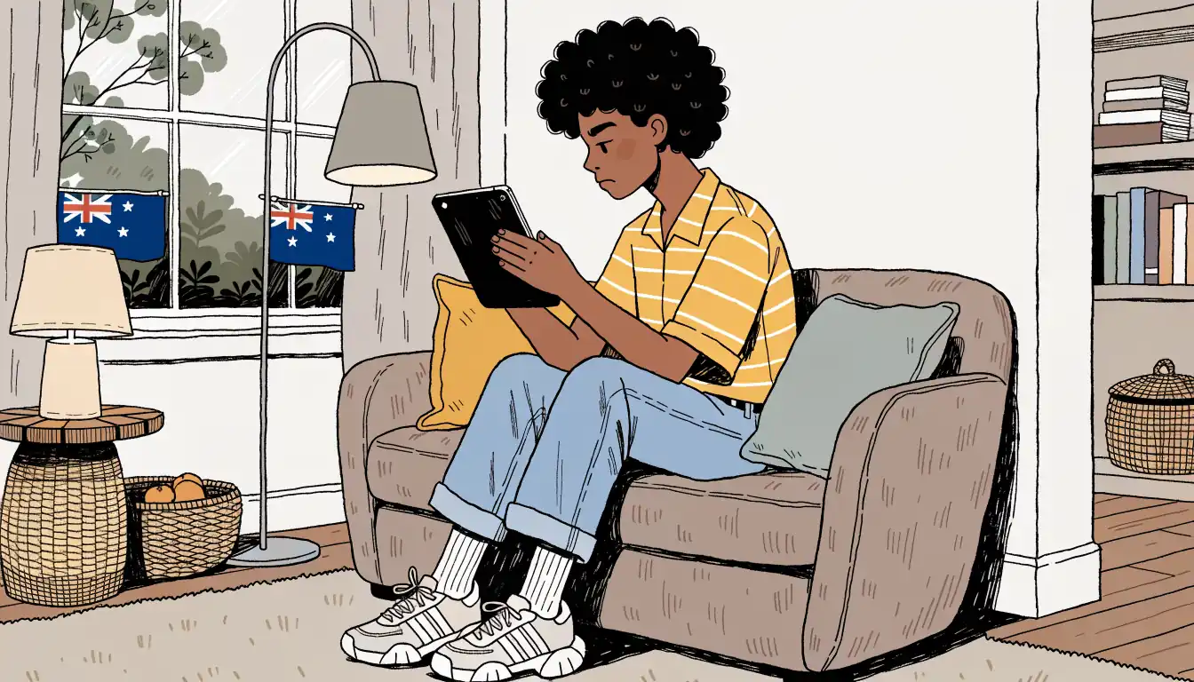 Person on sofa using tablet for gambling help chat