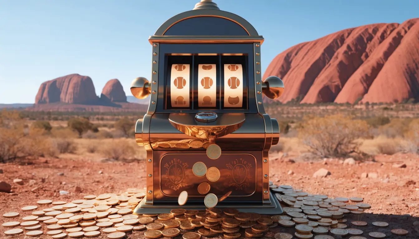 Slot machine with coins in Australian outback setting