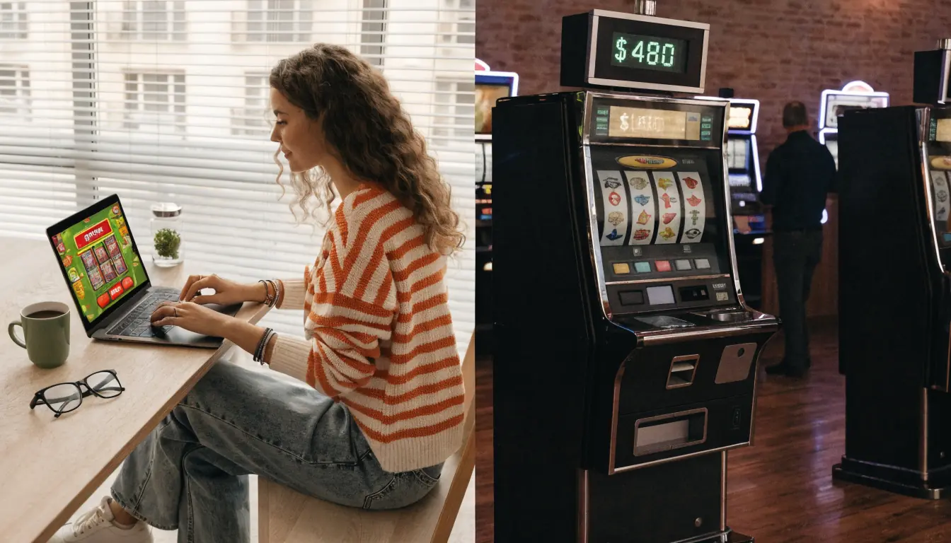 Laptop slot game beside physical casino slot machine