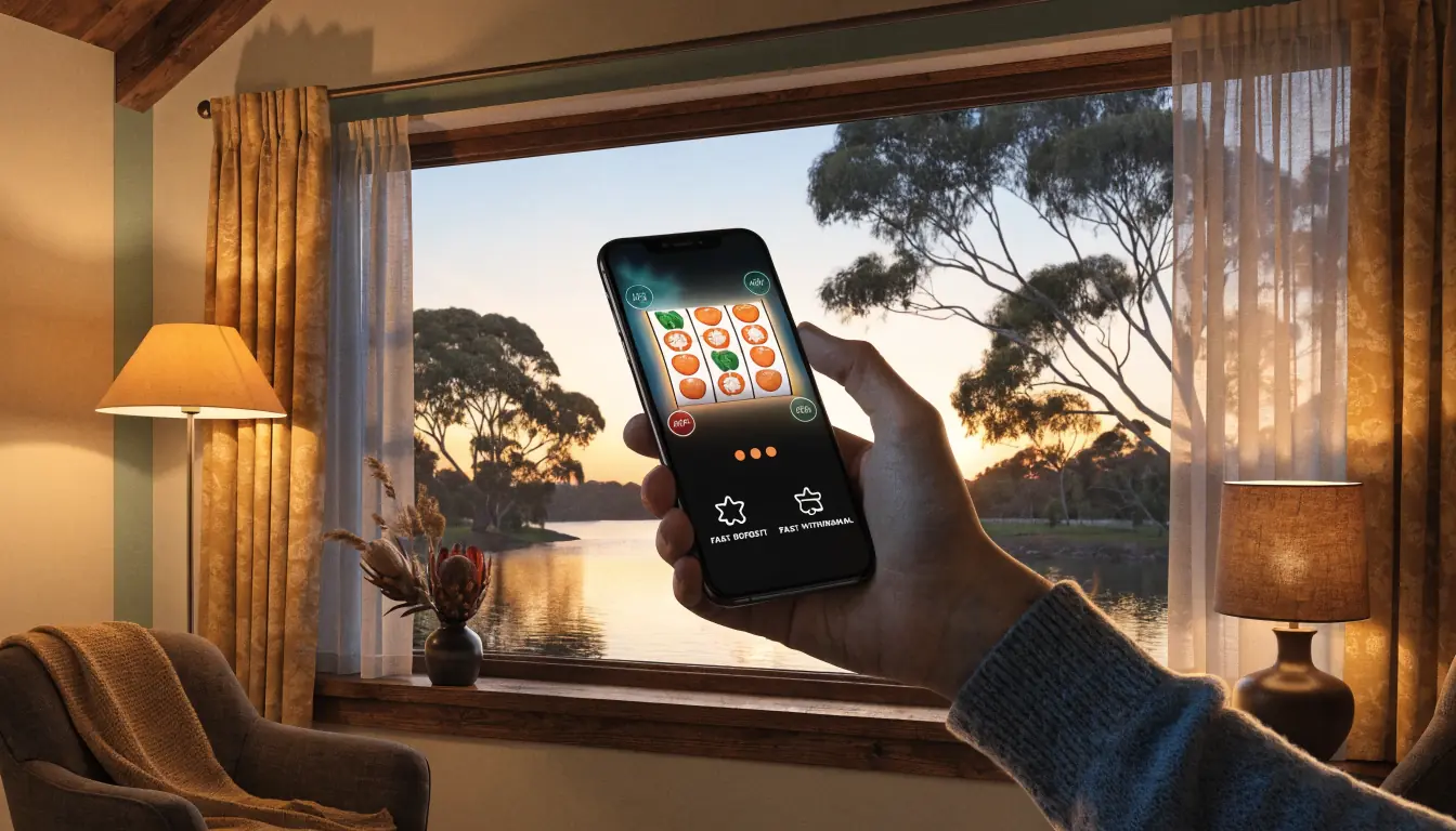 Hand holding phone with mobile slot game in cozy home