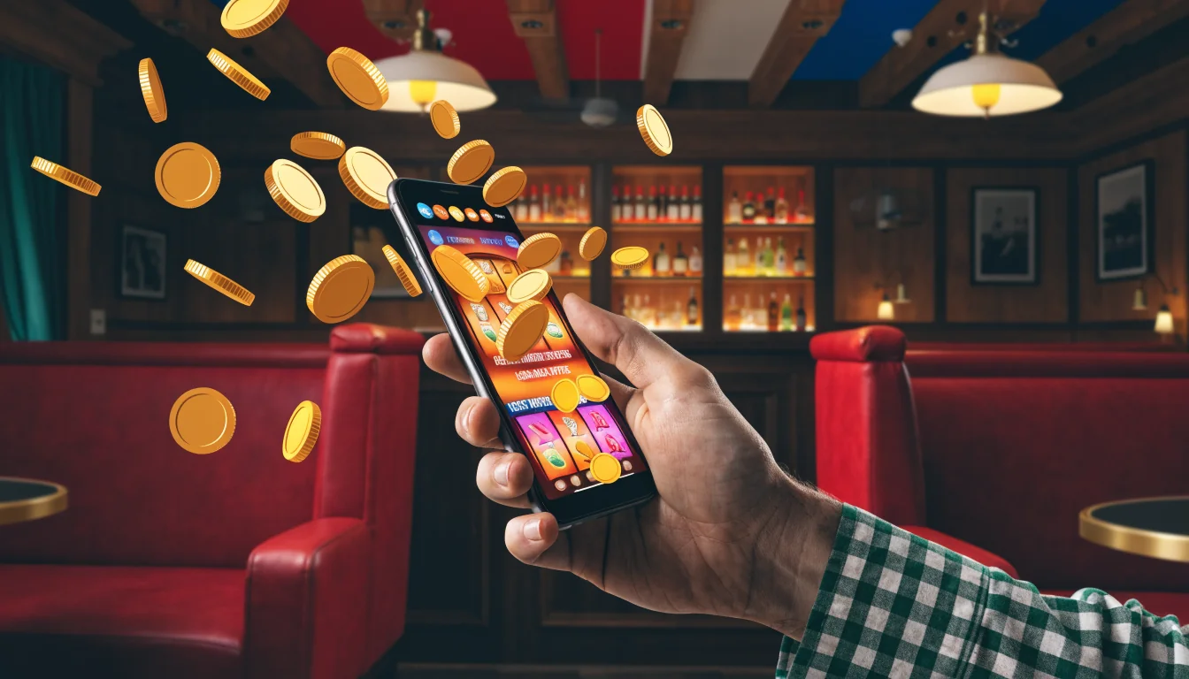 Hand with phone showing slot game and spilling coins