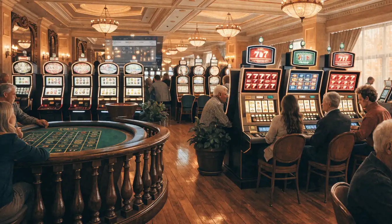 Australian casino interior with slot machines and faint laptop overlay