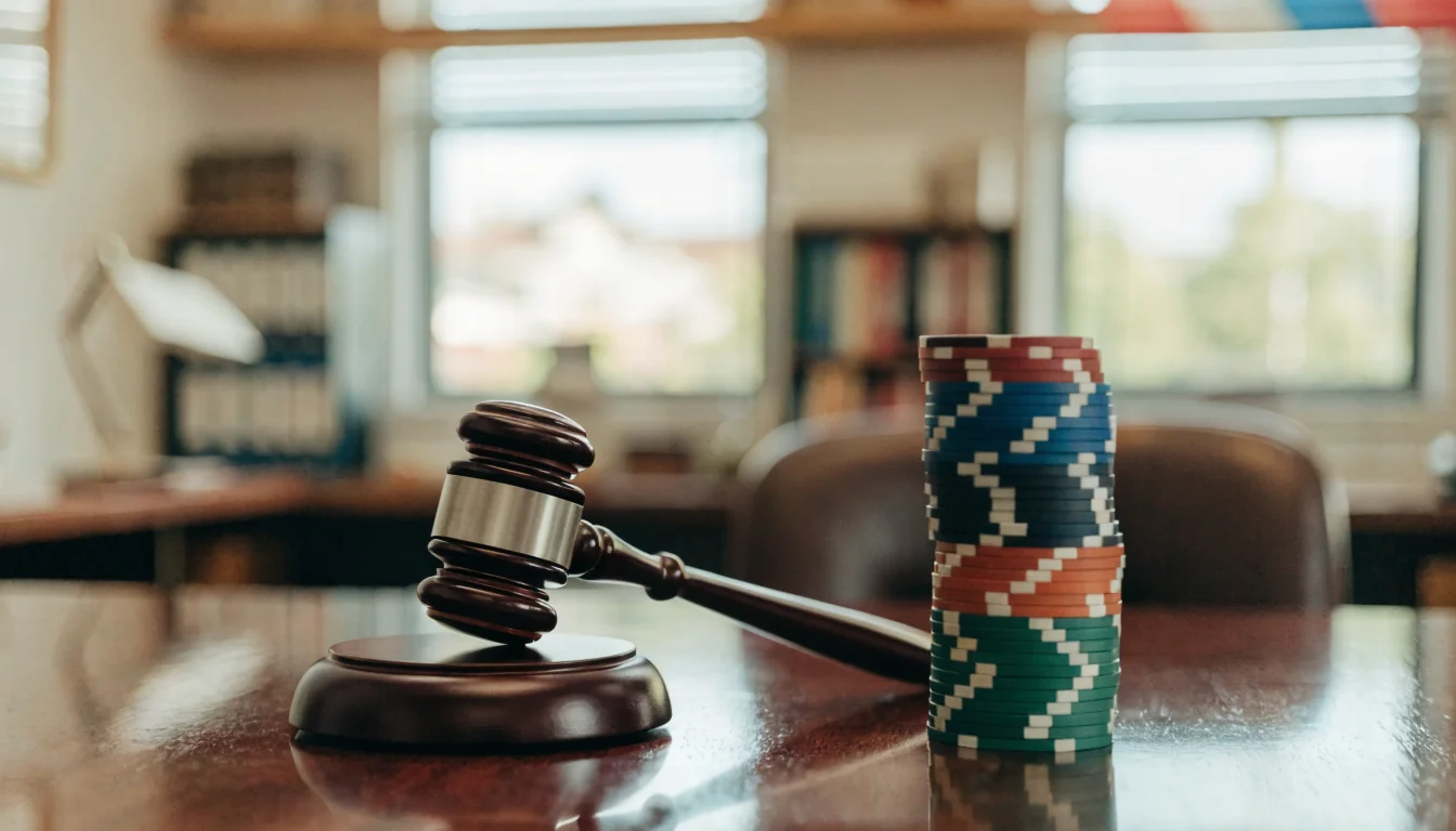Gavel and casino chips with Curacao flag colors on desk