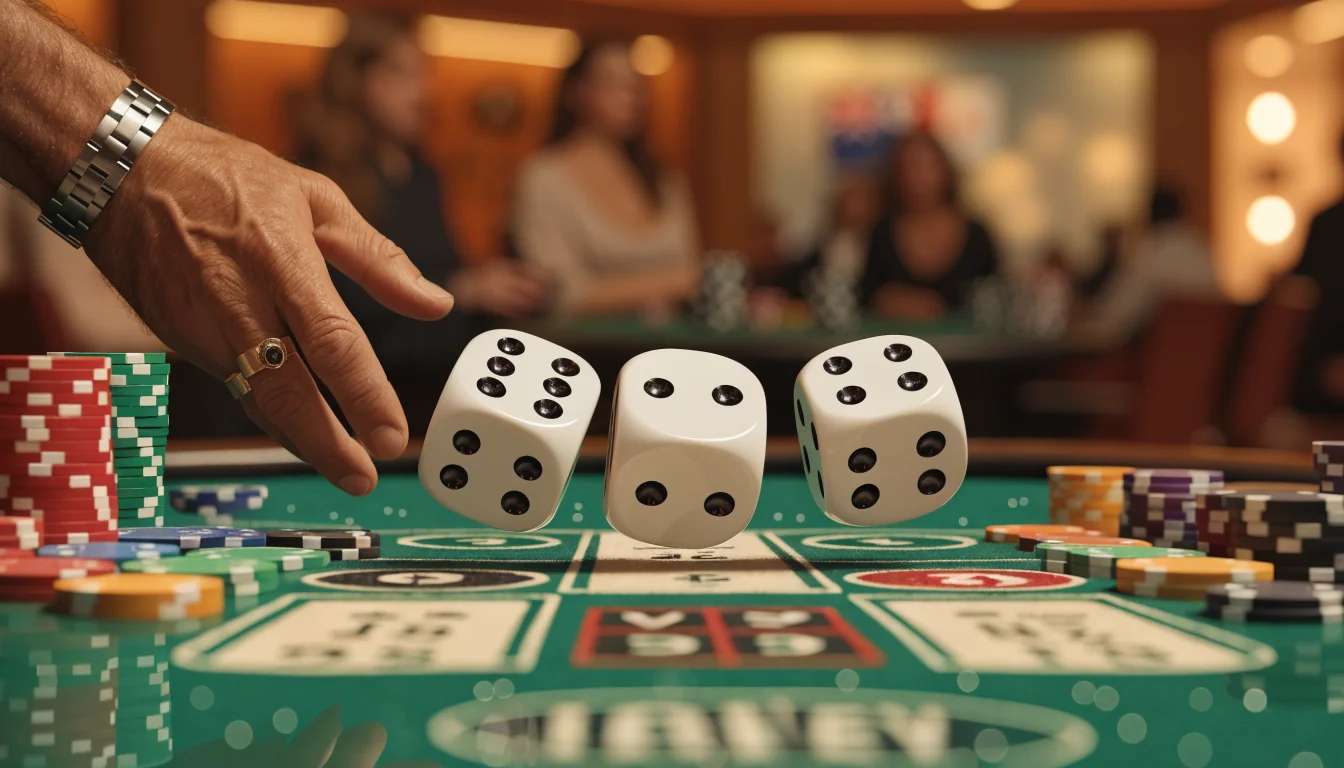 Casino dice table with dice and chips