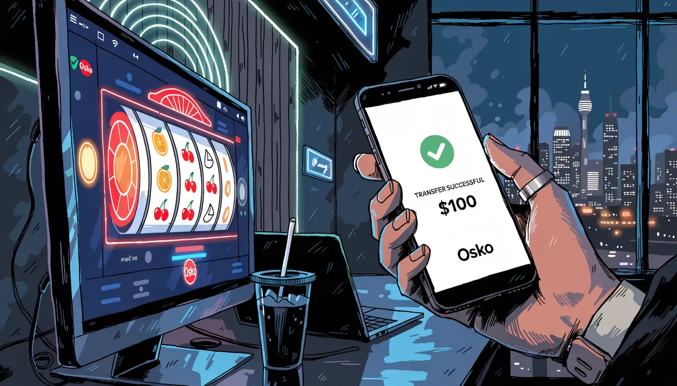 Hand with phone showing Osko transfer beside spinning slot machine