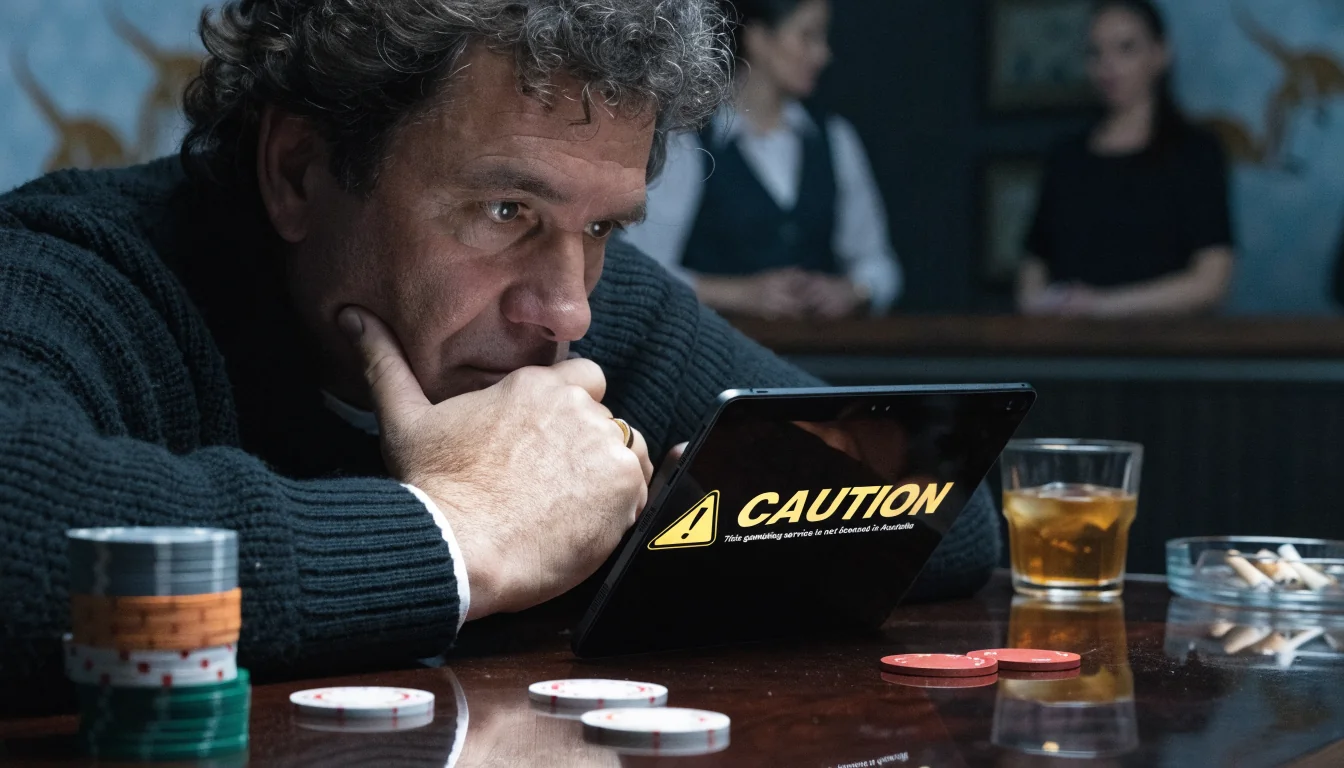 Australian gambler reviewing licensing warning on tablet