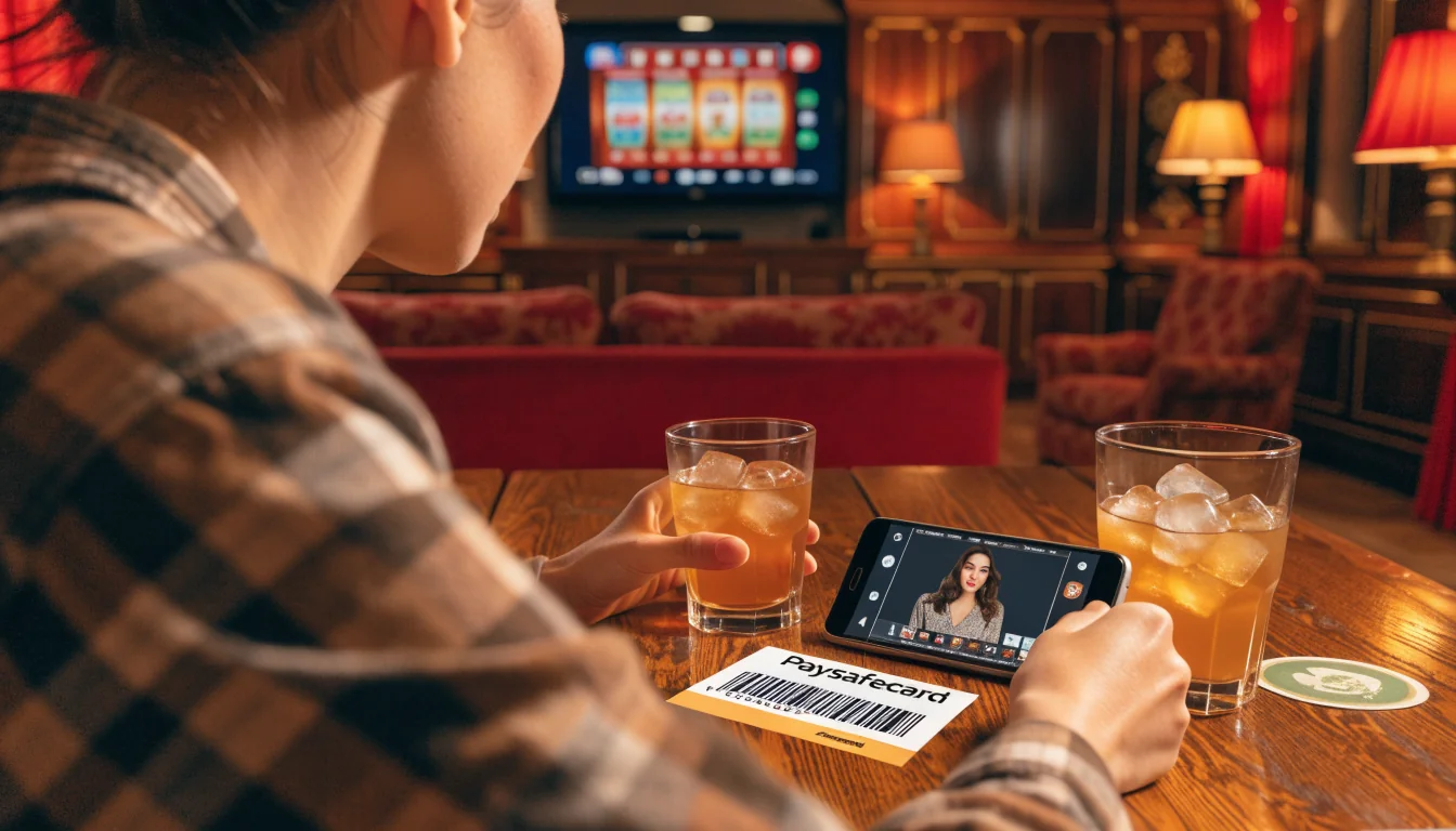 Home scene with smartphone blackjack, Paysafecard voucher, and slot machine TV