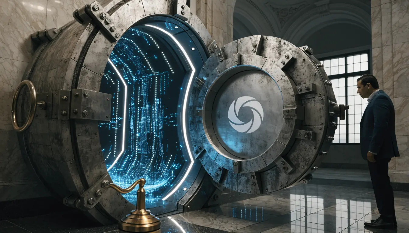 Vault door with digital circuitry and slot machine lever representing Skrill security
