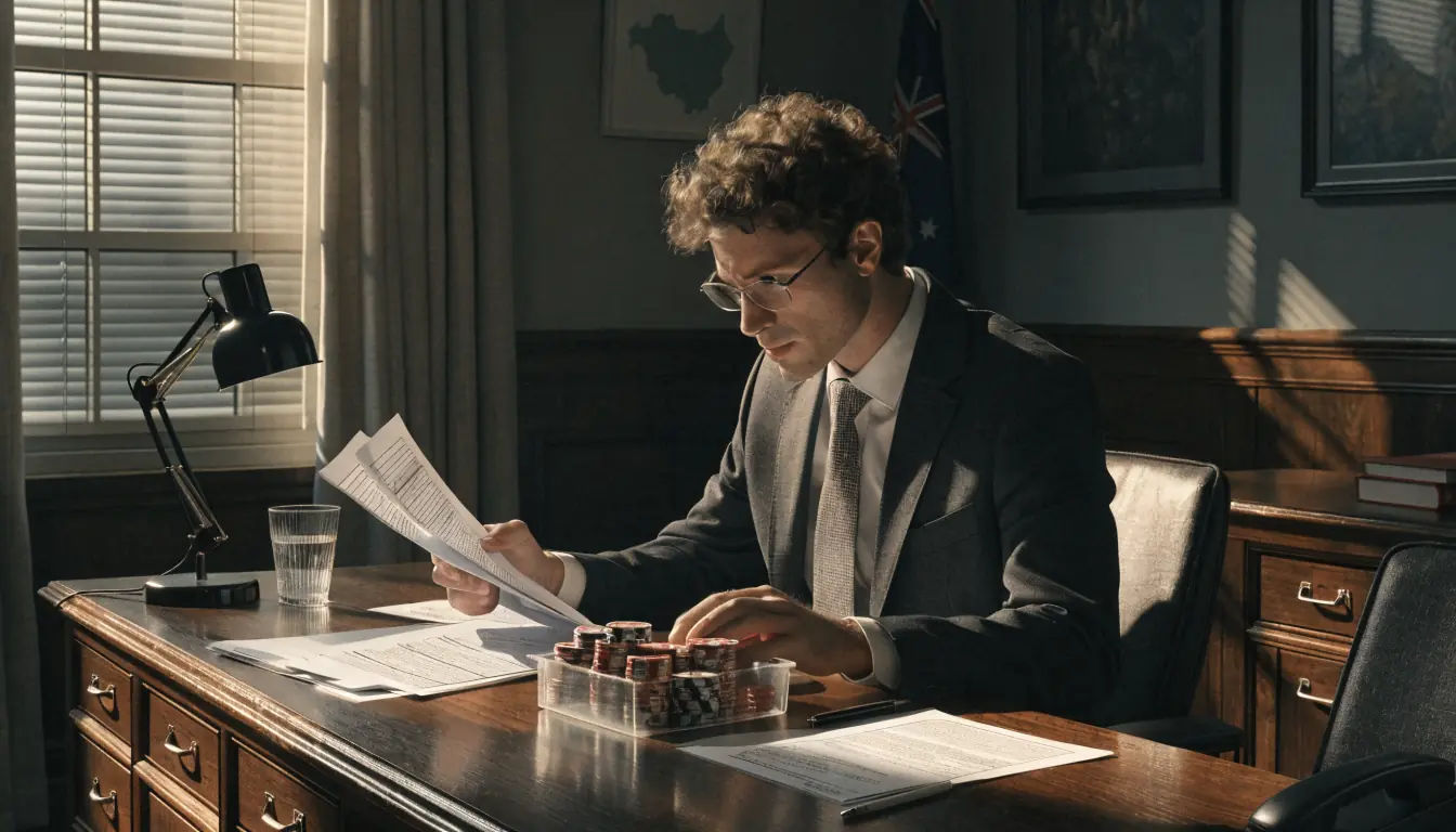 Australian tax officer reviewing casino chips in an office