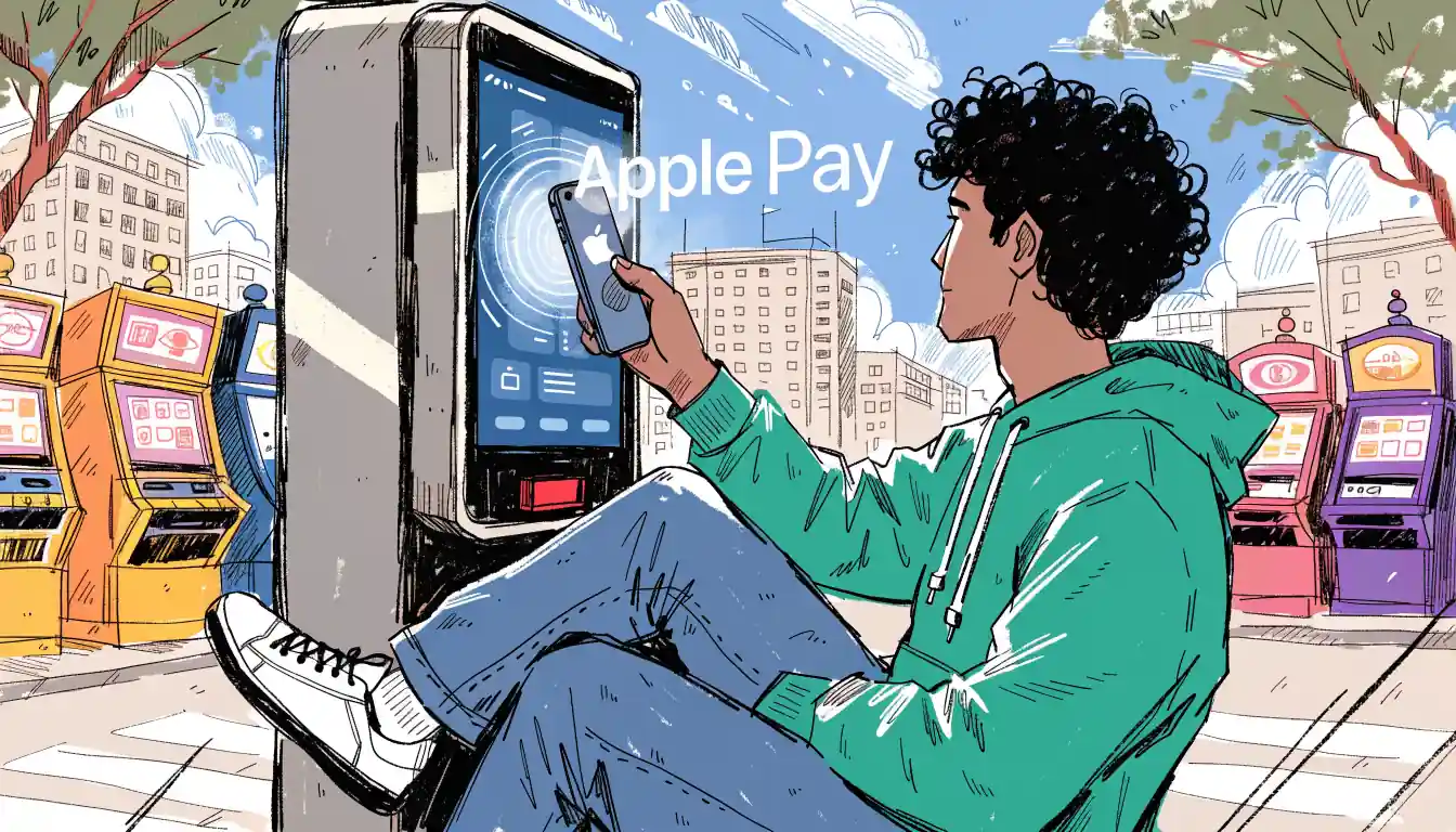 Hand tapping iPhone on casino kiosk for Apple Pay.