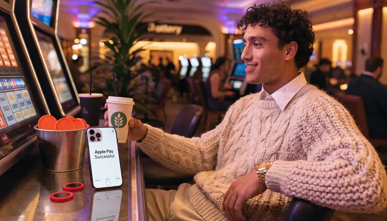 Player at slot machine with iPhone showing Apple Pay success.
