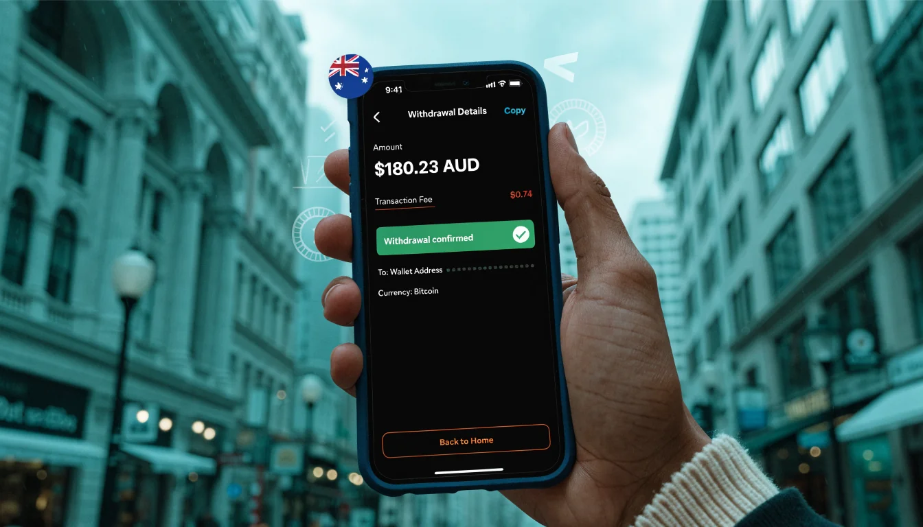Hand showing crypto withdrawal with fee icons