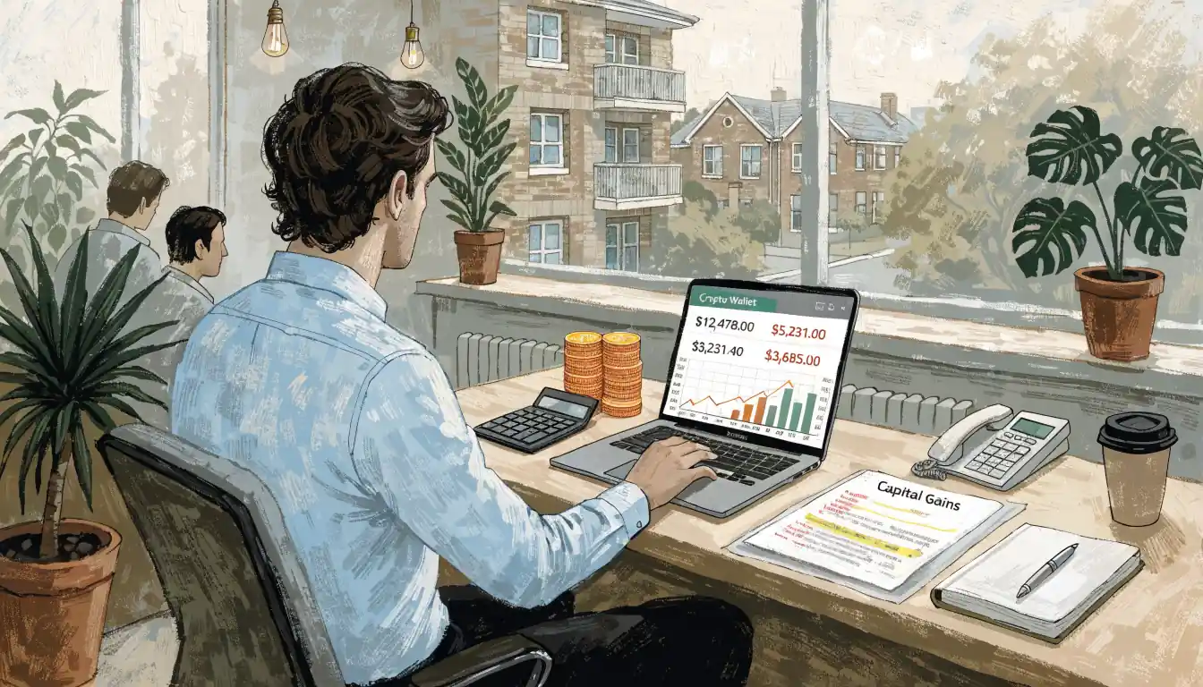 Office scene with ETH coins, laptop, and tax forms