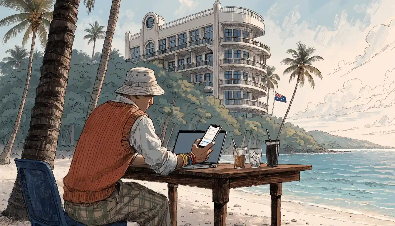 Offshore casino on tropical island with Australian flag and Google Pay usage