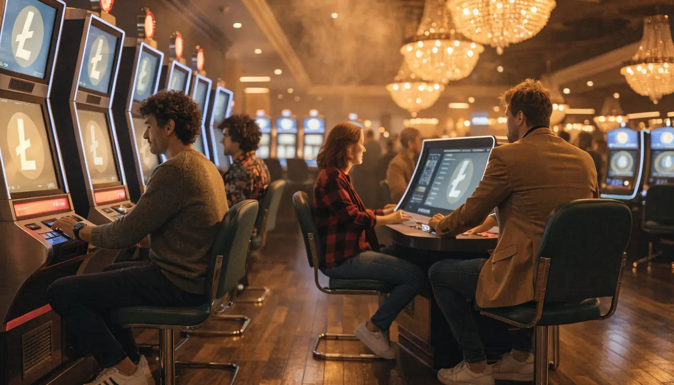 Casino floor with Litecoin‑branded slot machines and table games