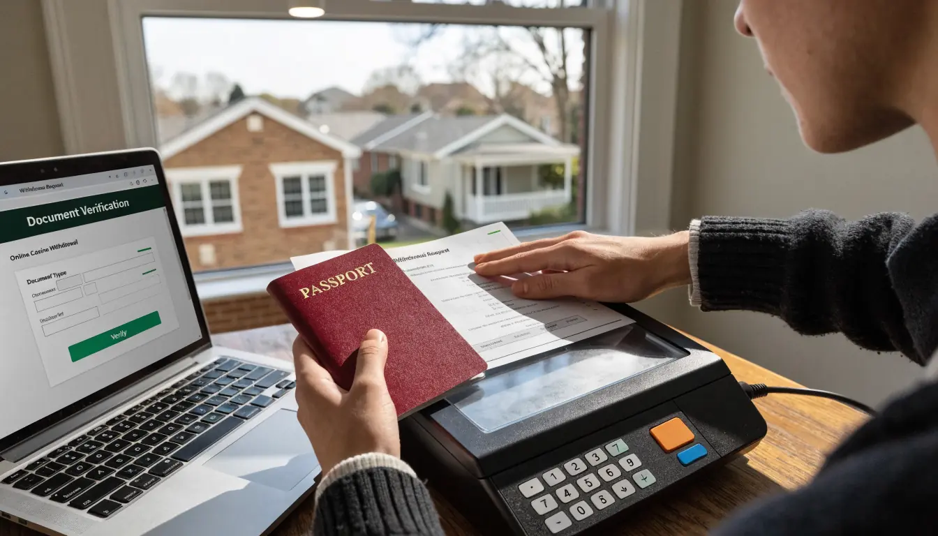 Person verifying identity with passport and bill for casino withdrawal