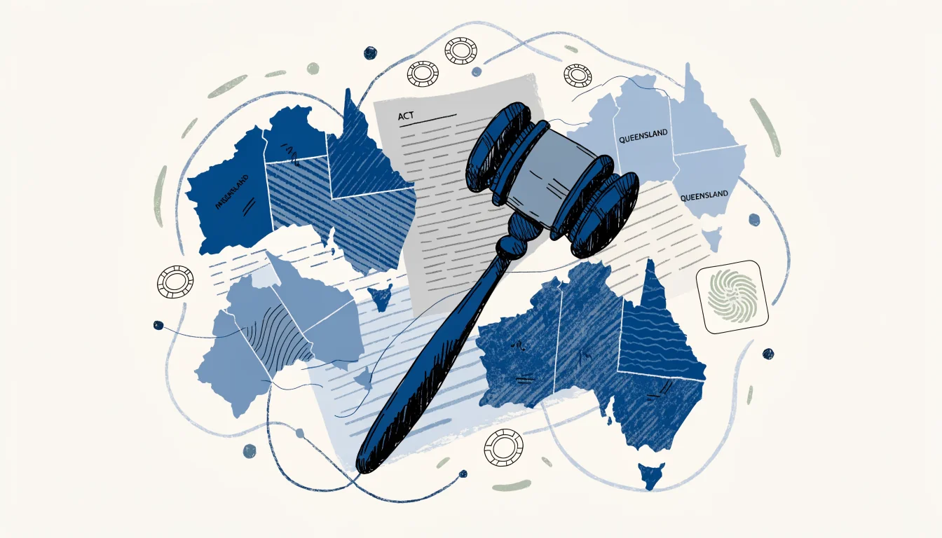 Collage of Australian states, legal papers, and casino symbols