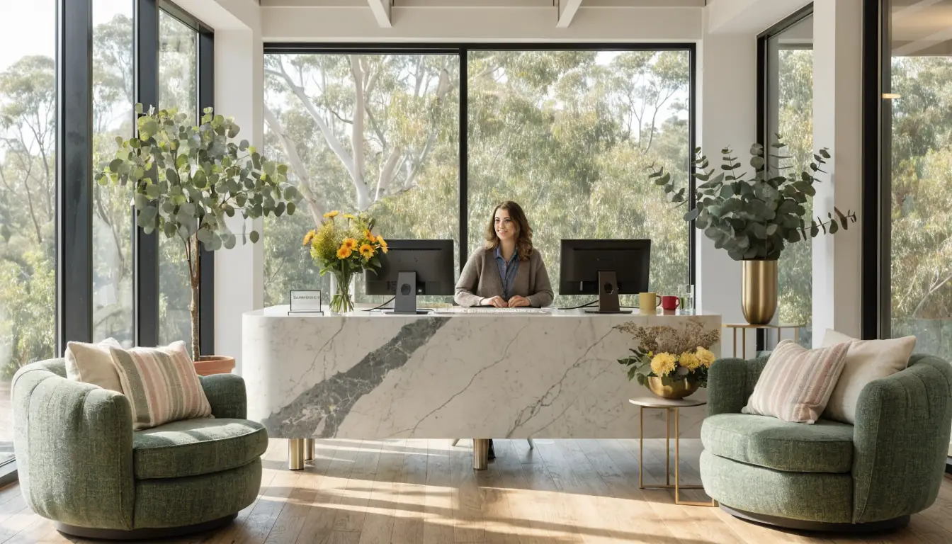 Australian office reception with staff desk and eucalyptus view