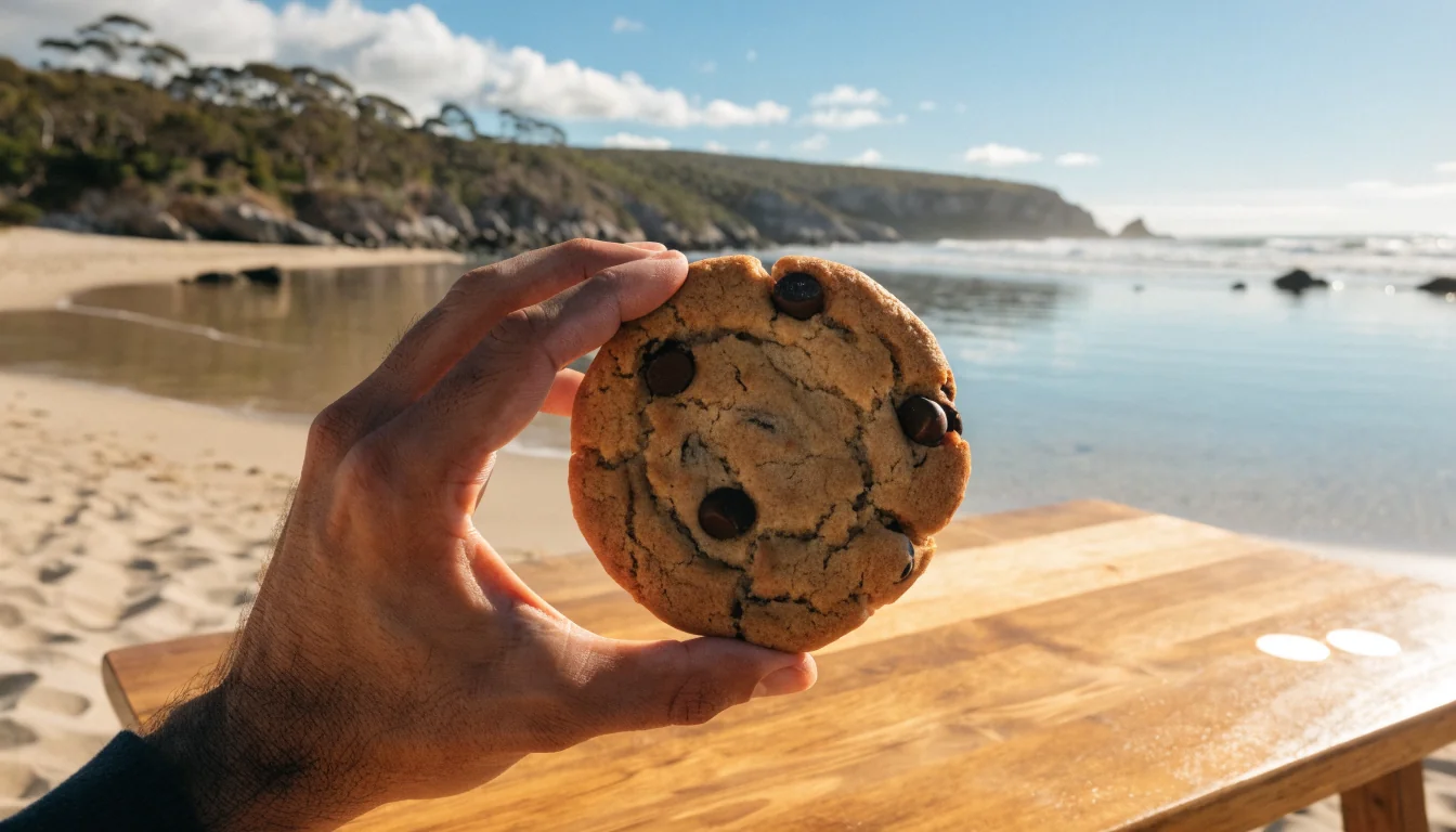 Hand holding a chocolate chip cookie on a beach table in Australia