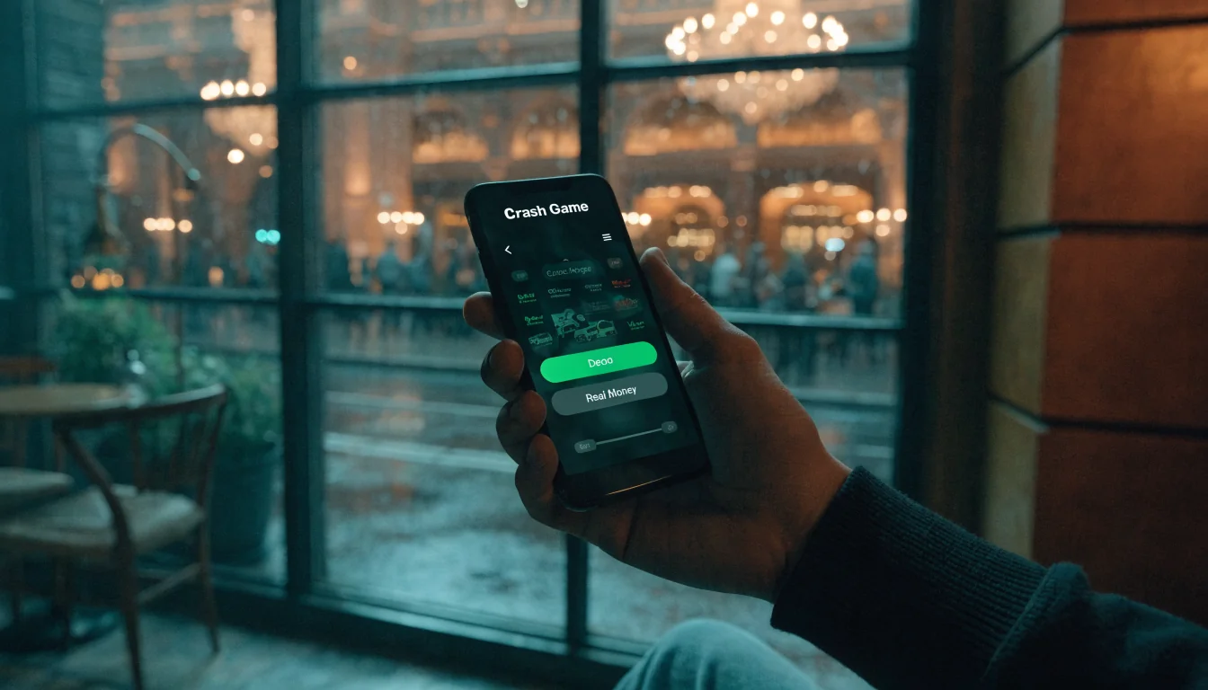 Smartphone screen with demo and real money buttons for a crash game