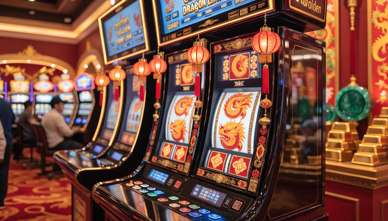 Casino floor with red walls, gold ingots, and lanterns, Dragon Link slot
