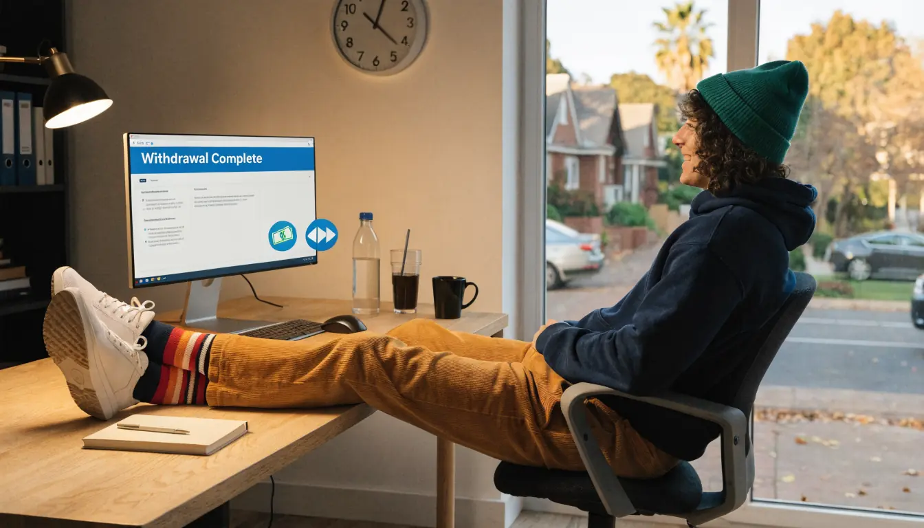 Player celebrating quick casino withdrawal on laptop