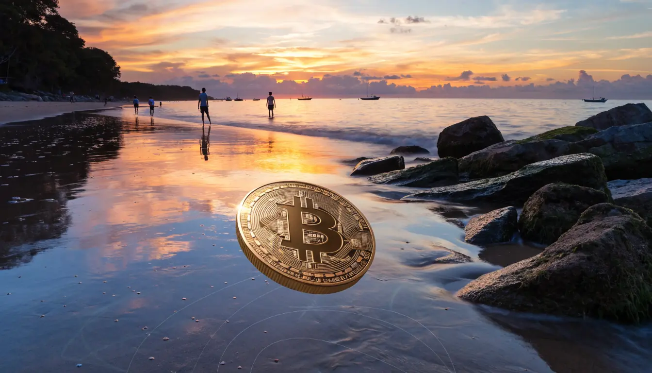 Bitcoin coin over Australian beach at sunset