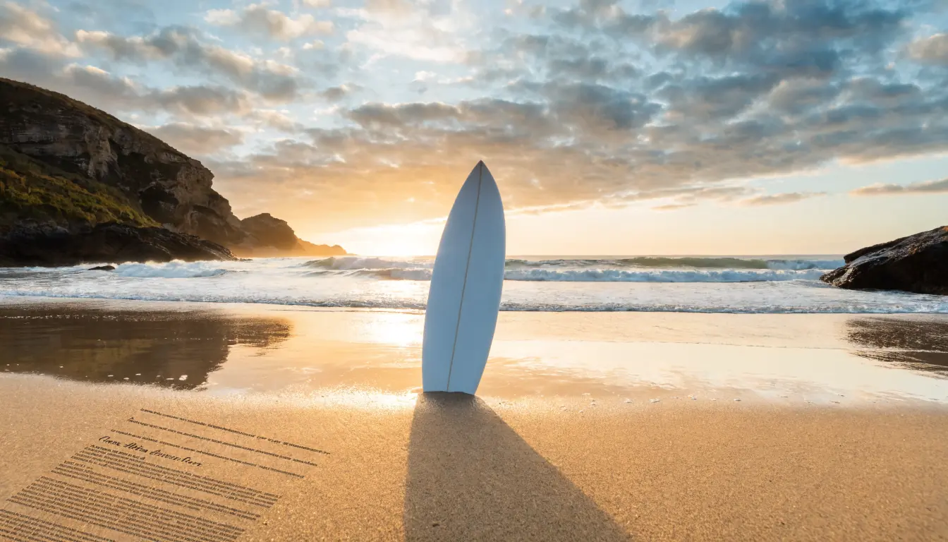 Australian sunrise beach with surfboard and legal paper on sand
