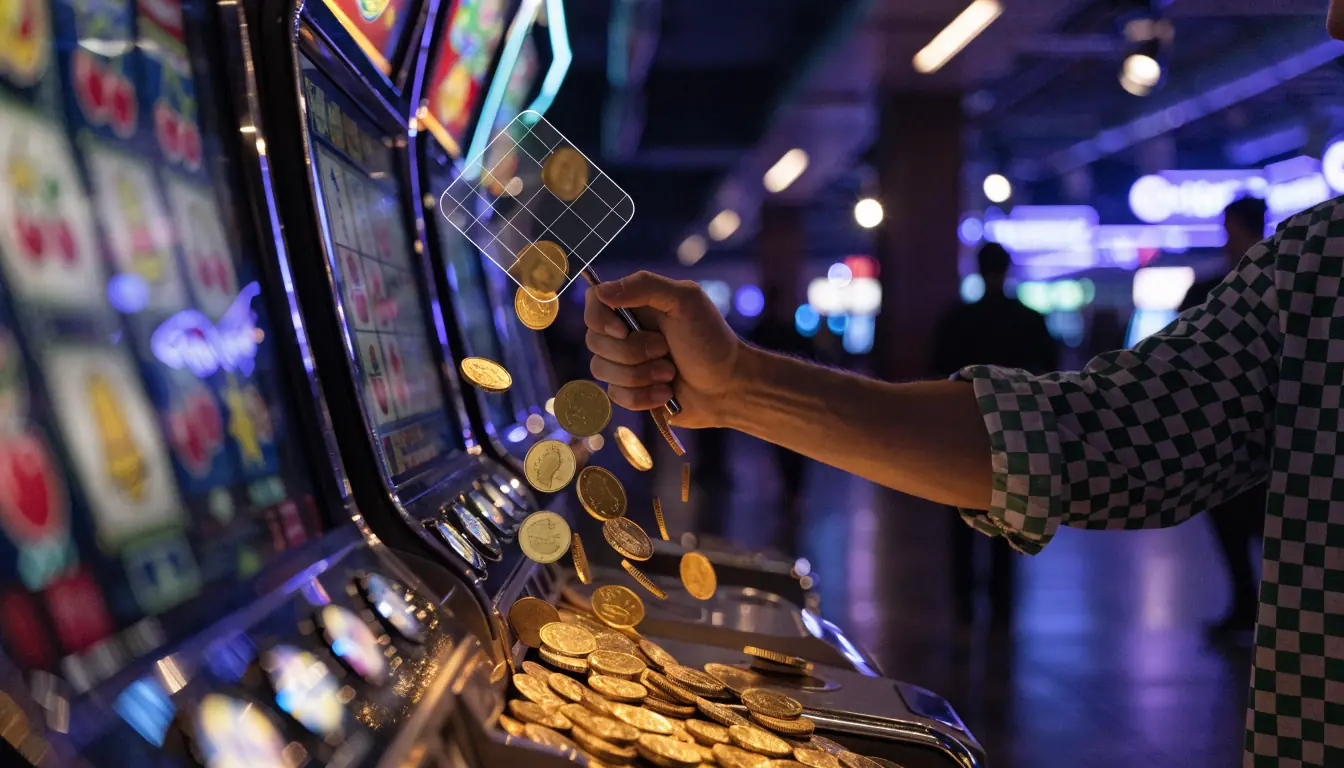 Slot machine lever releasing coins toward a floating digital wallet