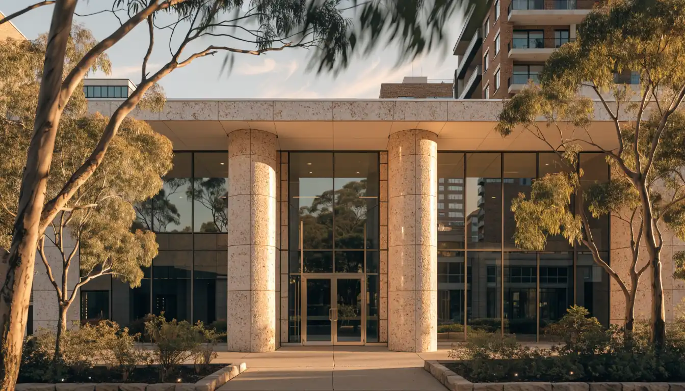 Australian courthouse at sunset with eucalyptus trees