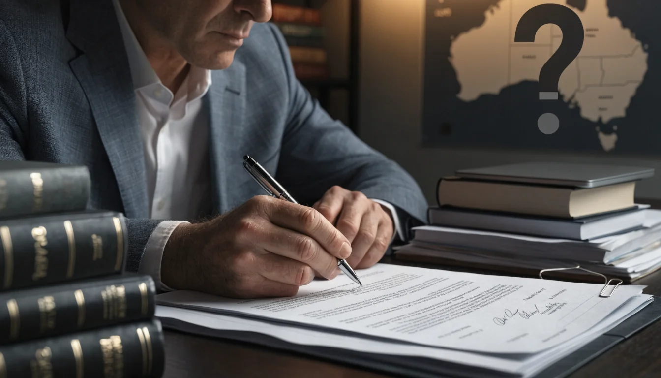 Australian lawyer reviewing legal documents with map backdrop