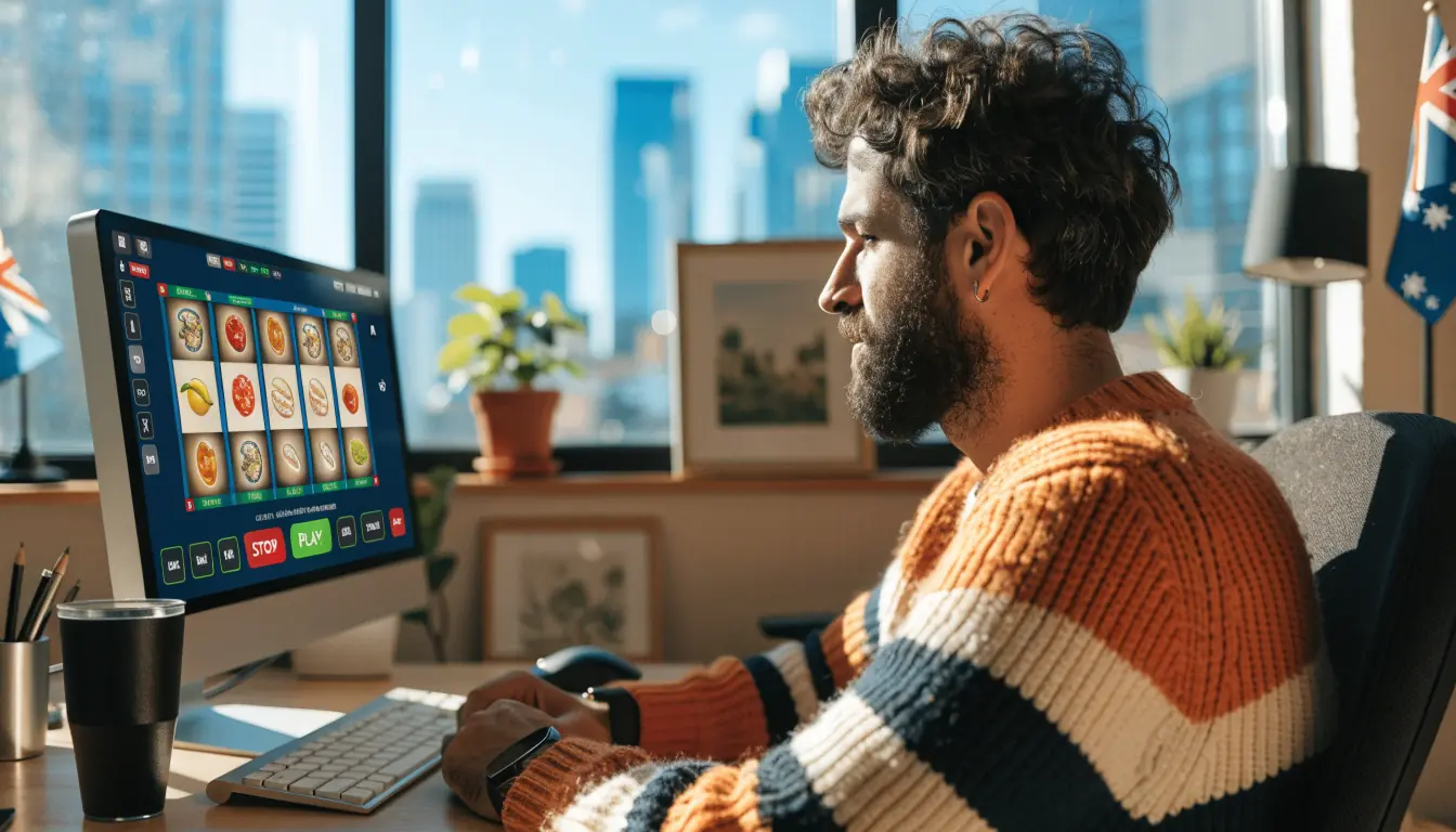 Person playing a slot demo on computer with Australian décor